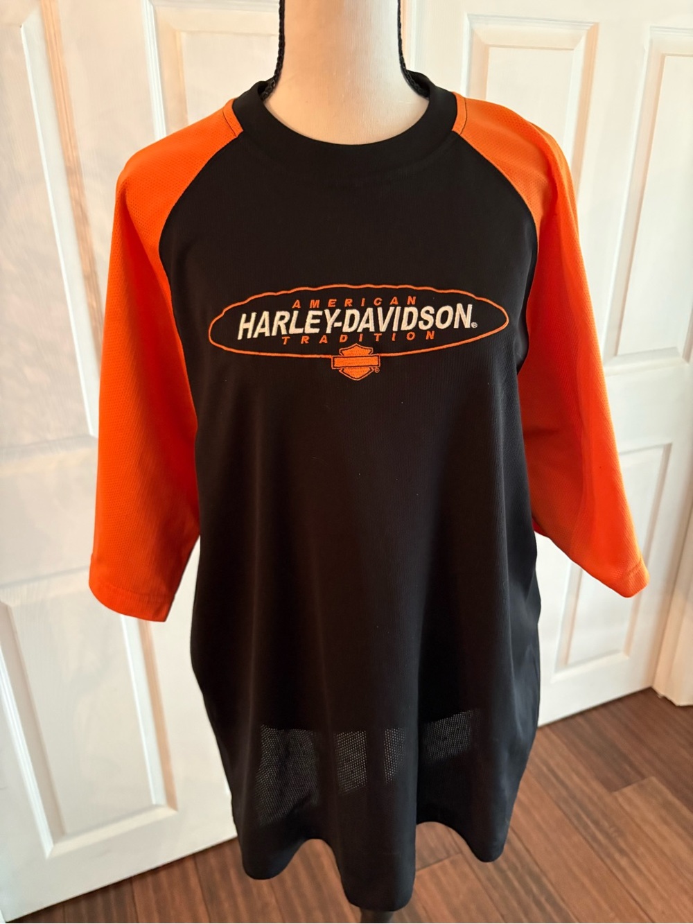 Harley-Davidson Black Tee with Orange Raglan Sleeves- dry fit material